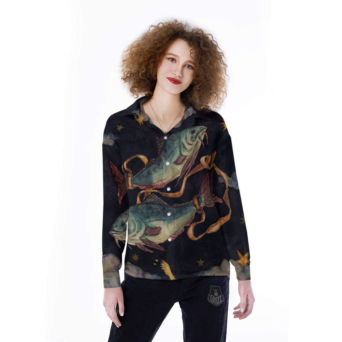 Zodiac Sign Watercolor Pisces Print Women's Long Sleeve Shirts-grizzshop