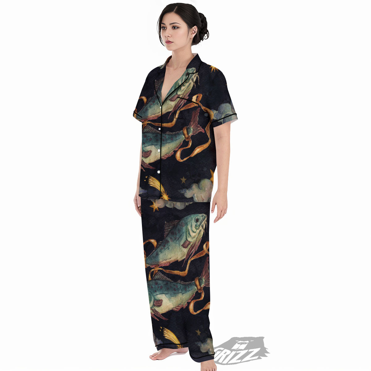 Zodiac Sign Watercolor Pisces Print Women's Pajamas Set-grizzshop