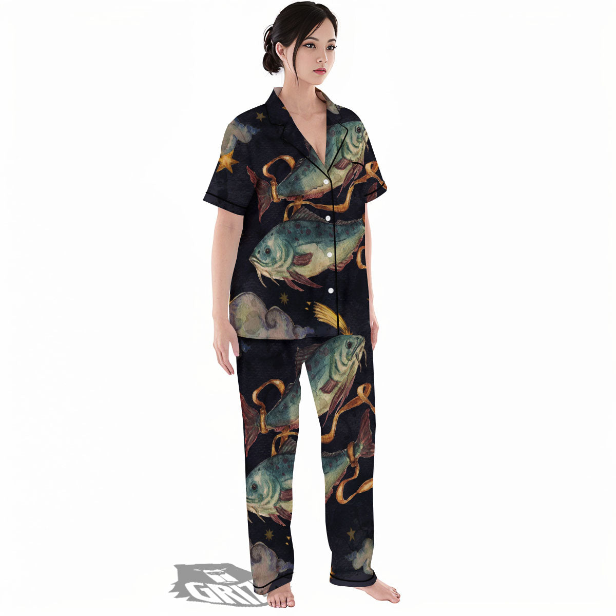 Zodiac Sign Watercolor Pisces Print Women's Pajamas Set-grizzshop