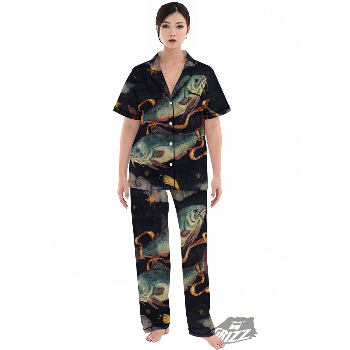 Zodiac Sign Watercolor Pisces Print Women's Pajamas Set-grizzshop