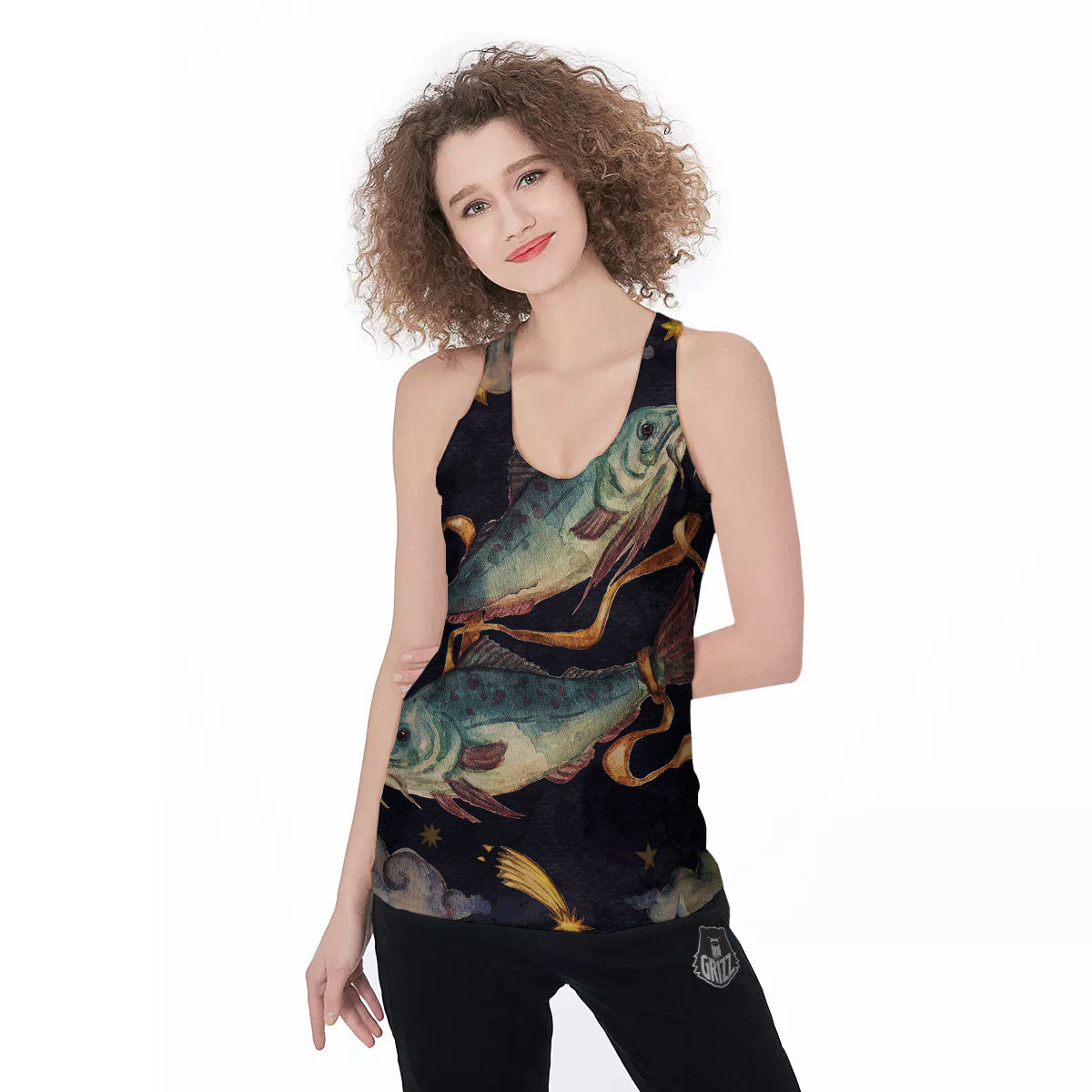 Zodiac Sign Watercolor Pisces Print Women's Racerback Tank Top-grizzshop
