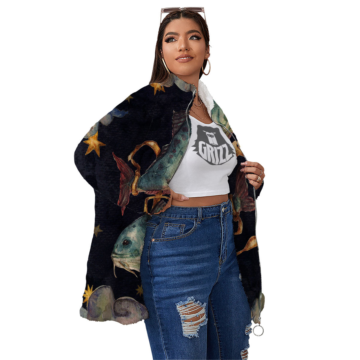 Zodiac Sign Watercolor Pisces Print Women's Sherpa Jacket-grizzshop