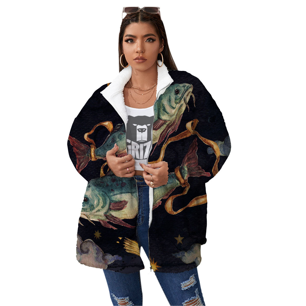 Zodiac Sign Watercolor Pisces Print Women's Sherpa Jacket-grizzshop