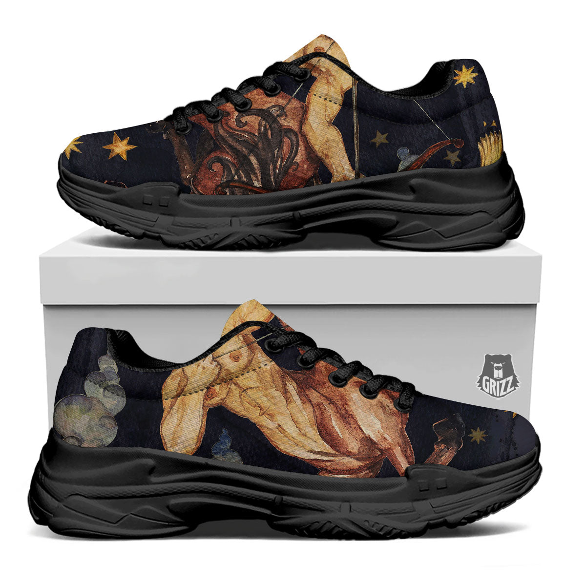 Zodiac Sign Watercolor Sagittarius Print Black Chunky Shoes-grizzshop