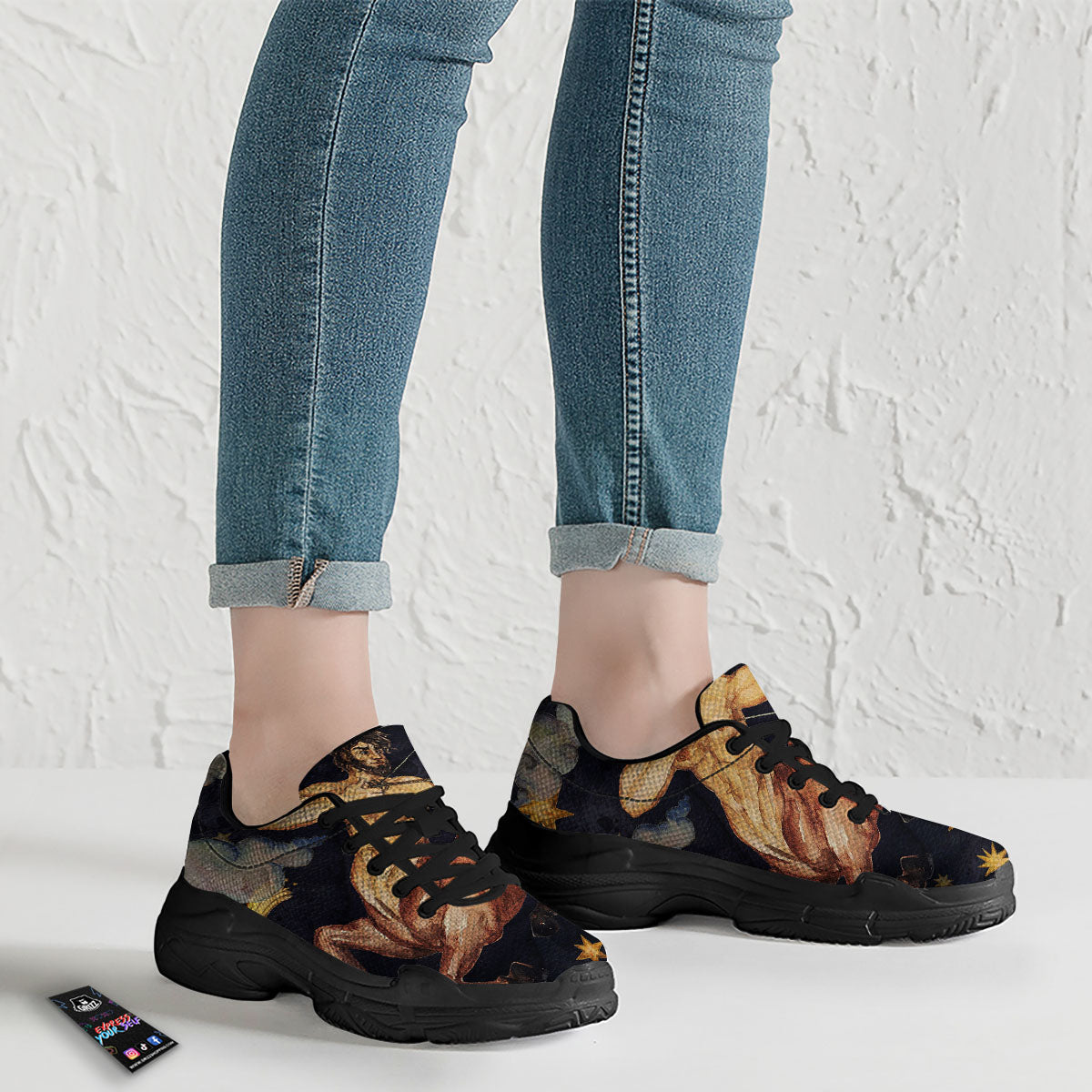 Zodiac Sign Watercolor Sagittarius Print Black Chunky Shoes-grizzshop