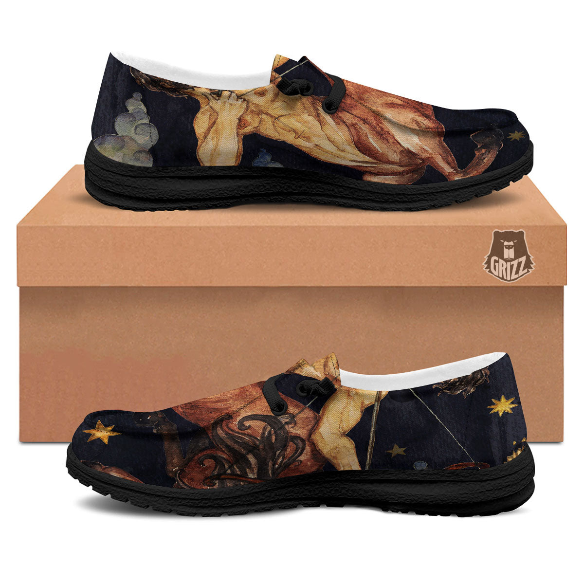 Zodiac Sign Watercolor Sagittarius Print Black Loafers-grizzshop