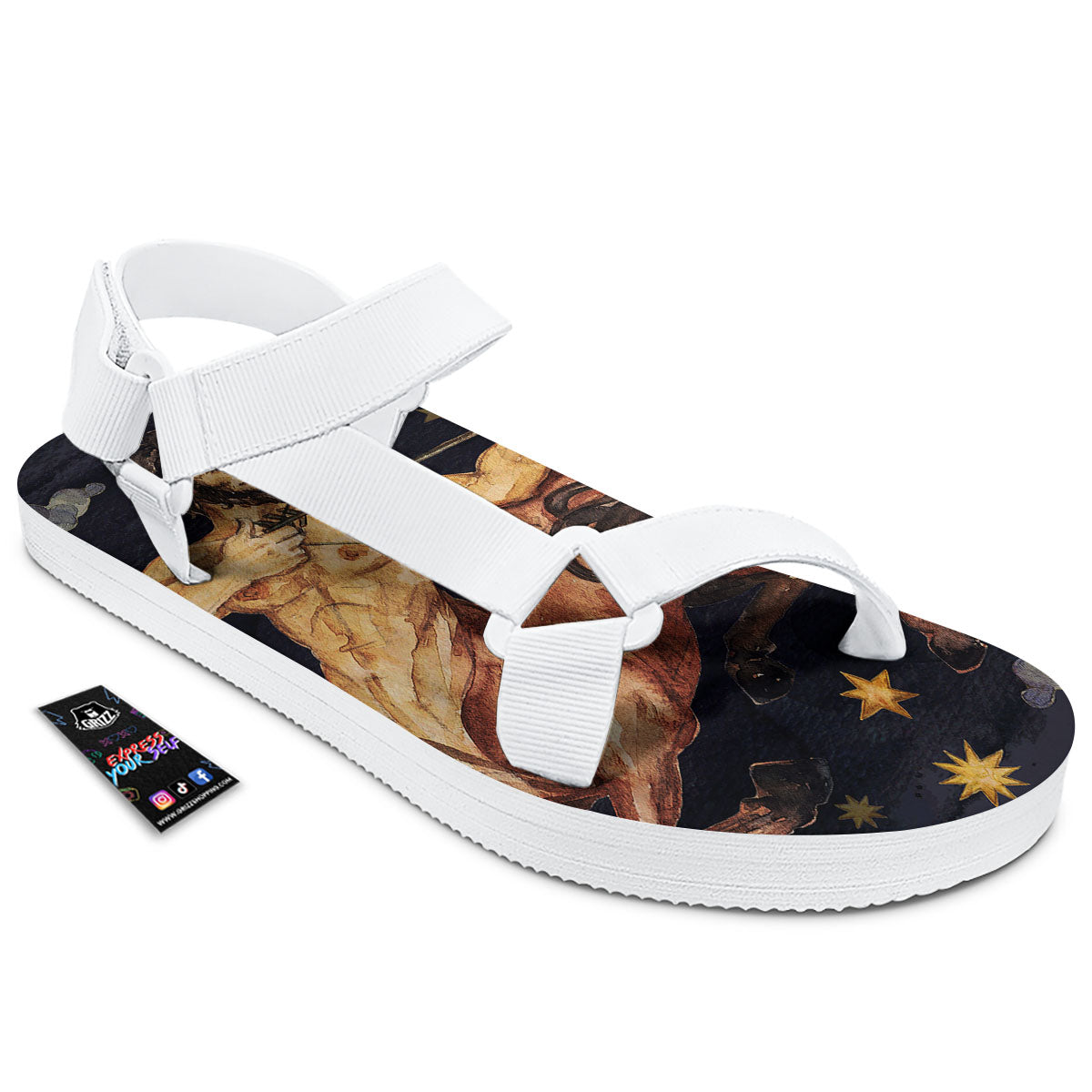Zodiac Sign Watercolor Sagittarius Print White Open Toe Sandals-grizzshop