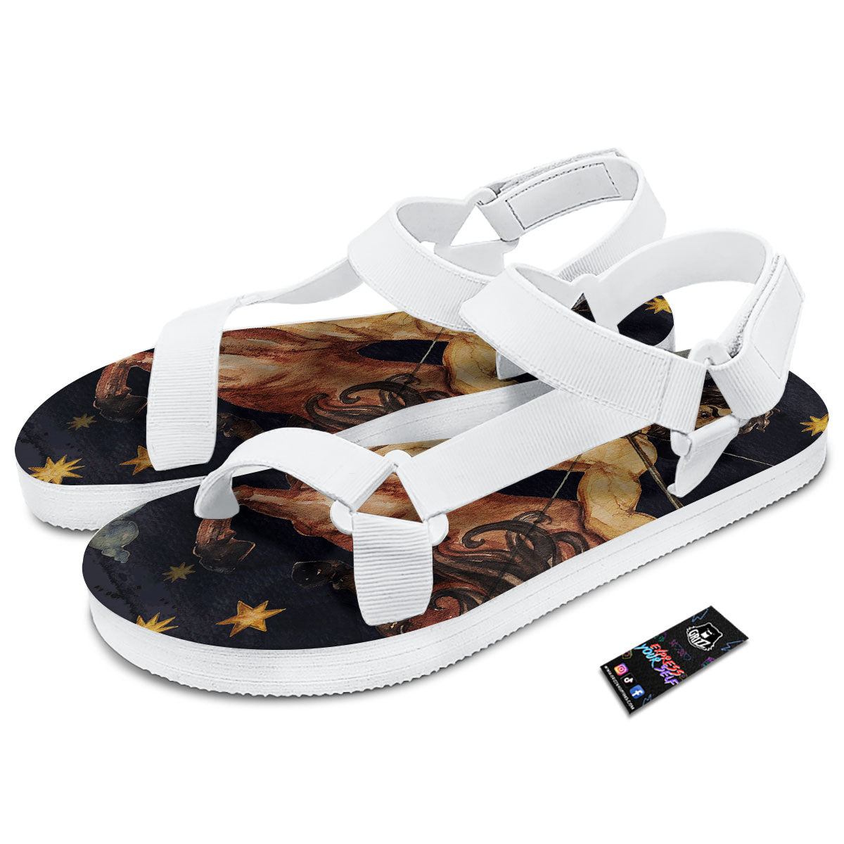 Zodiac Sign Watercolor Sagittarius Print White Open Toe Sandals-grizzshop
