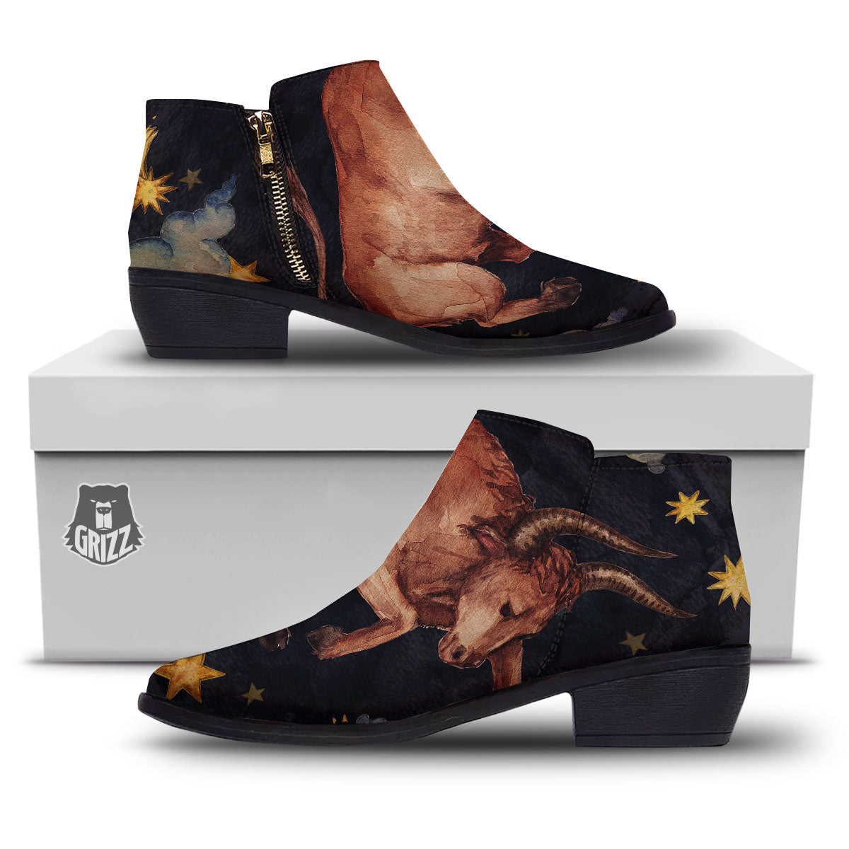 Zodiac Sign Watercolor Taurus Print Ankle Boots-grizzshop