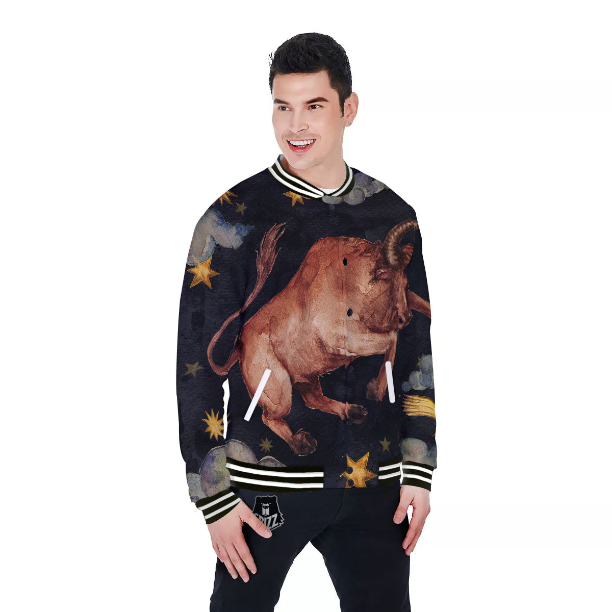 Zodiac Sign Watercolor Taurus Print Baseball Jacket-grizzshop
