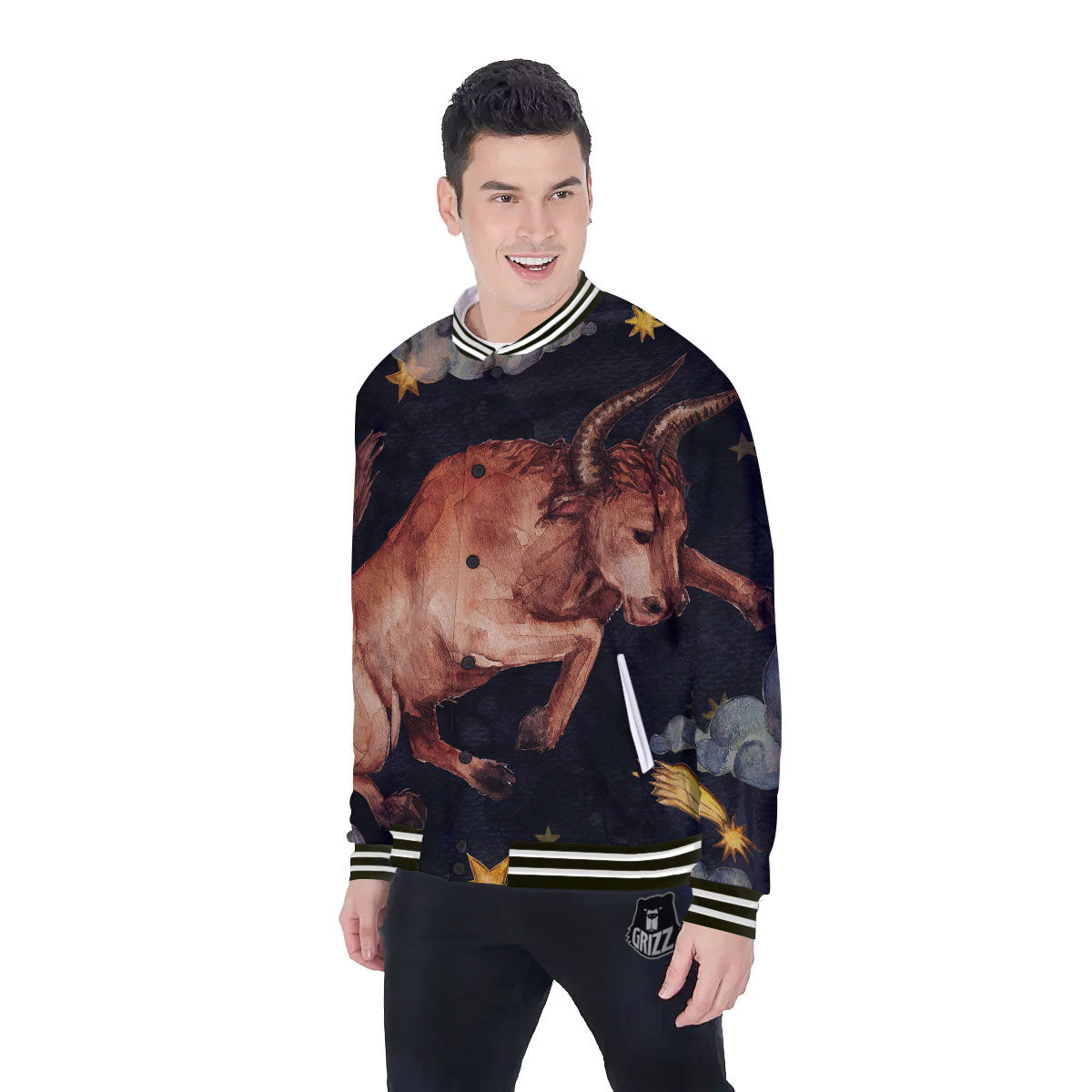 Zodiac Sign Watercolor Taurus Print Baseball Jacket-grizzshop