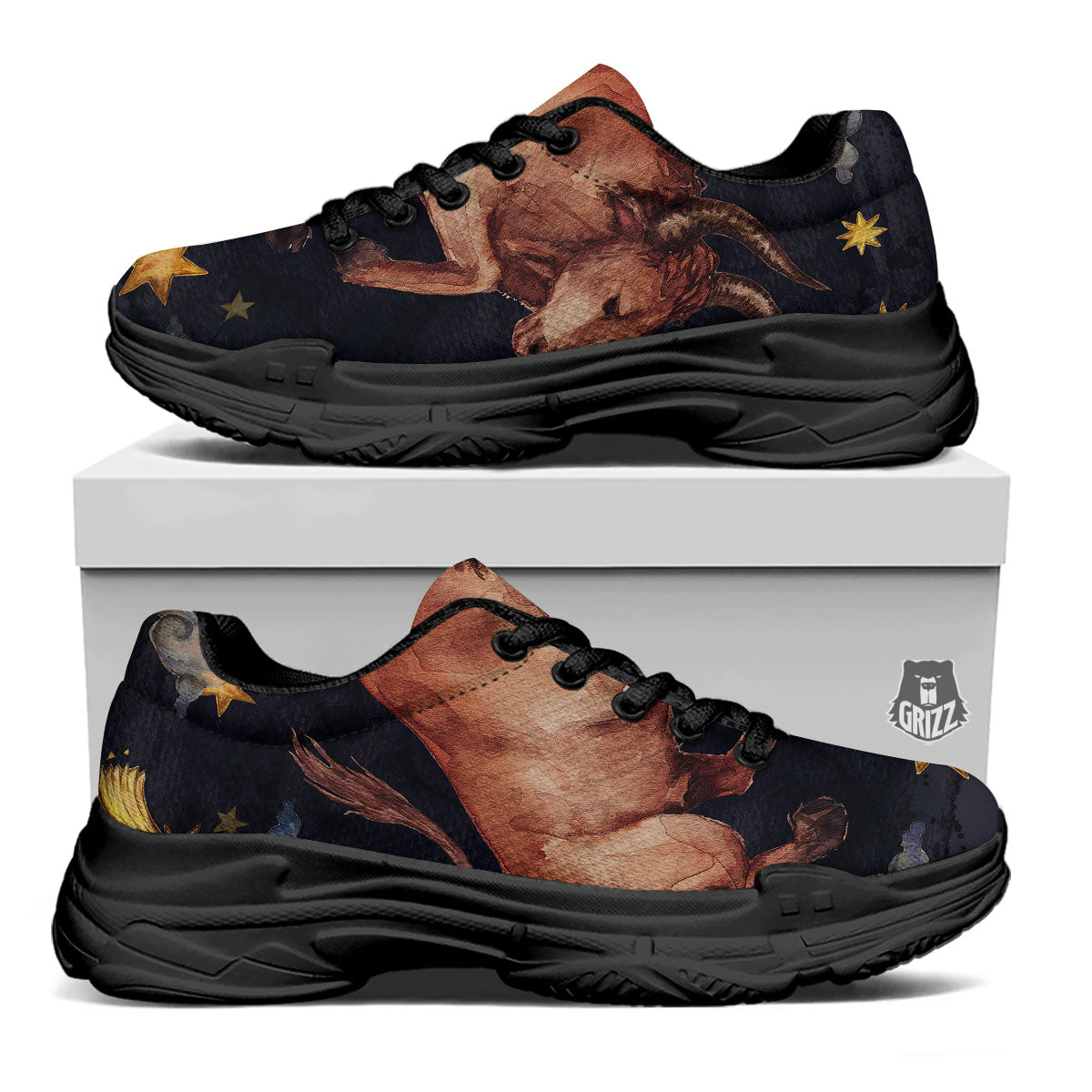 Zodiac Sign Watercolor Taurus Print Black Chunky Shoes-grizzshop