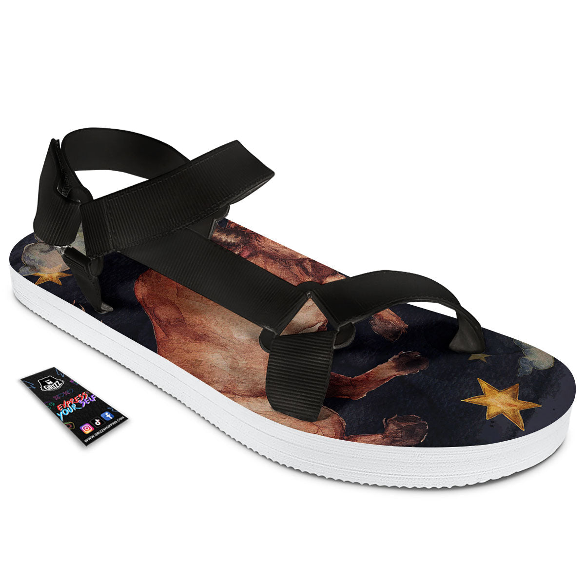 Zodiac Sign Watercolor Taurus Print Black Open Toe Sandals-grizzshop