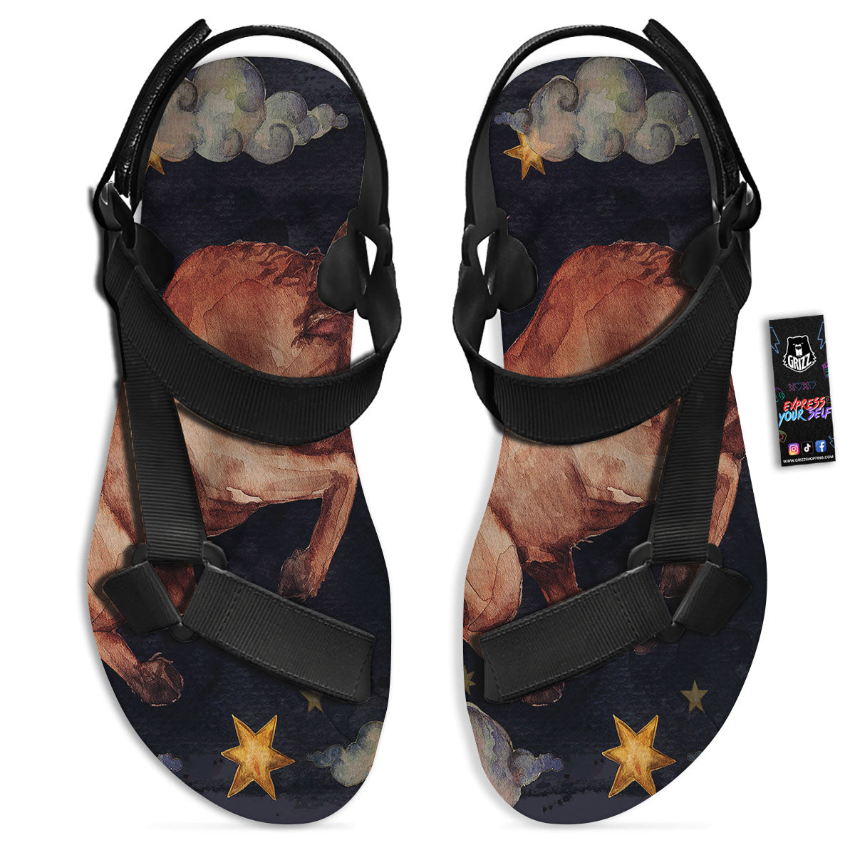 Zodiac Sign Watercolor Taurus Print Black Open Toe Sandals-grizzshop