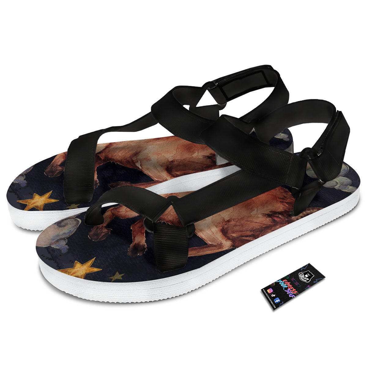Zodiac Sign Watercolor Taurus Print Black Open Toe Sandals-grizzshop