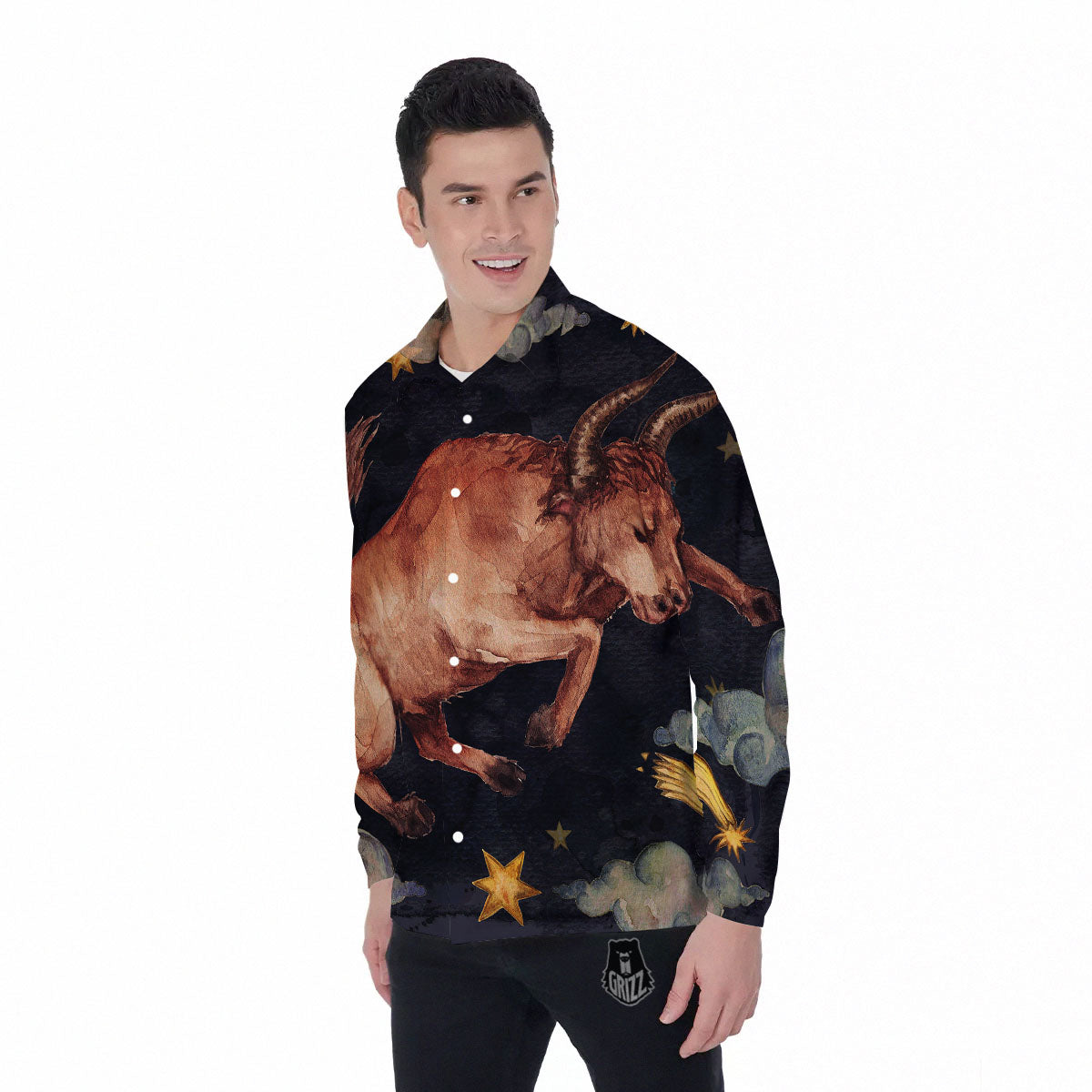 Zodiac Sign Watercolor Taurus Print Men's Long Sleeve Shirts-grizzshop