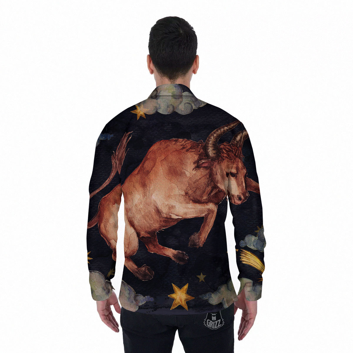 Zodiac Sign Watercolor Taurus Print Men's Long Sleeve Shirts-grizzshop