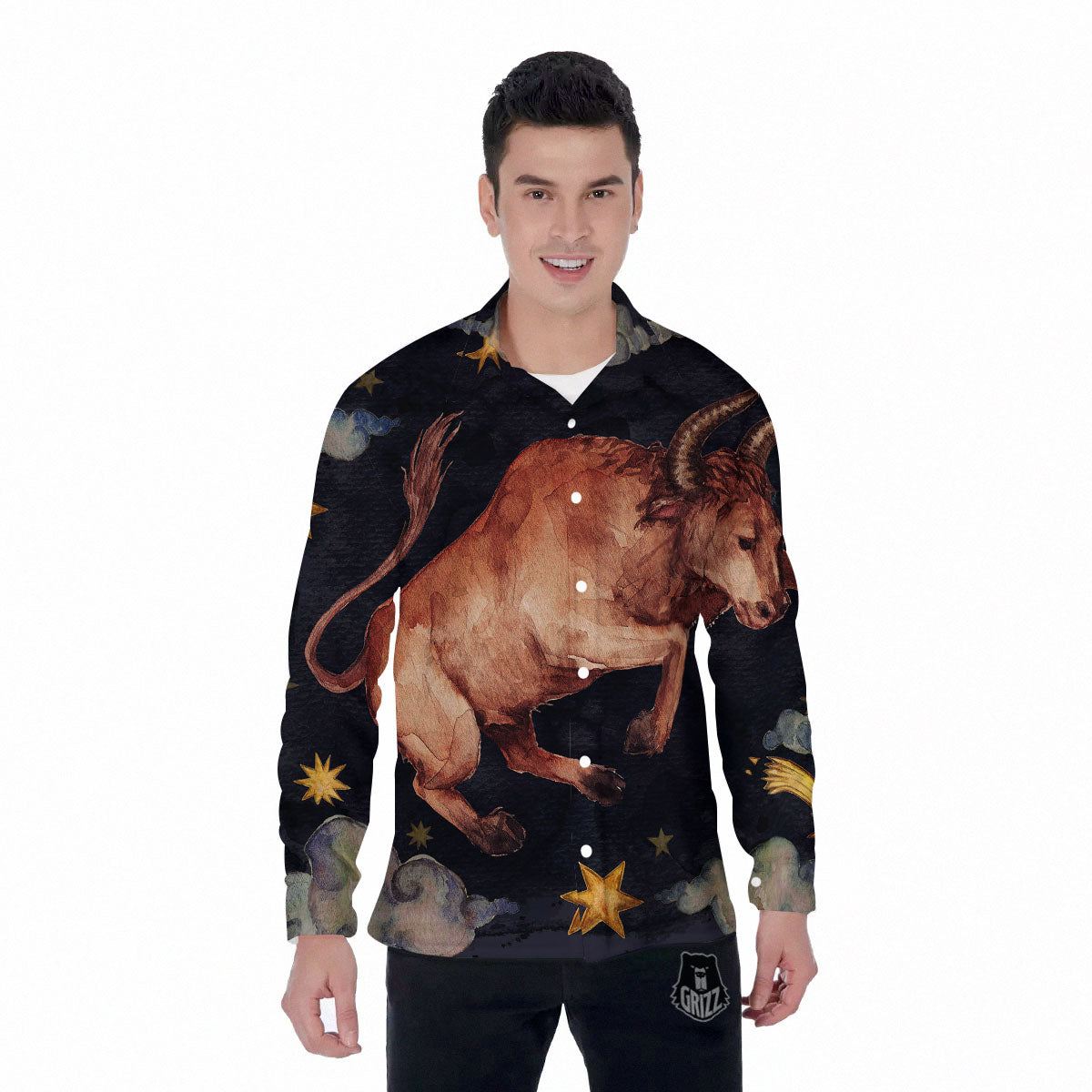 Zodiac Sign Watercolor Taurus Print Men's Long Sleeve Shirts-grizzshop