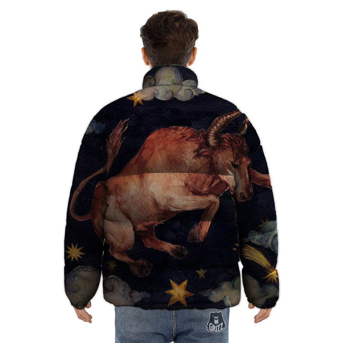Zodiac Sign Watercolor Taurus Print Puffer Jacket-grizzshop