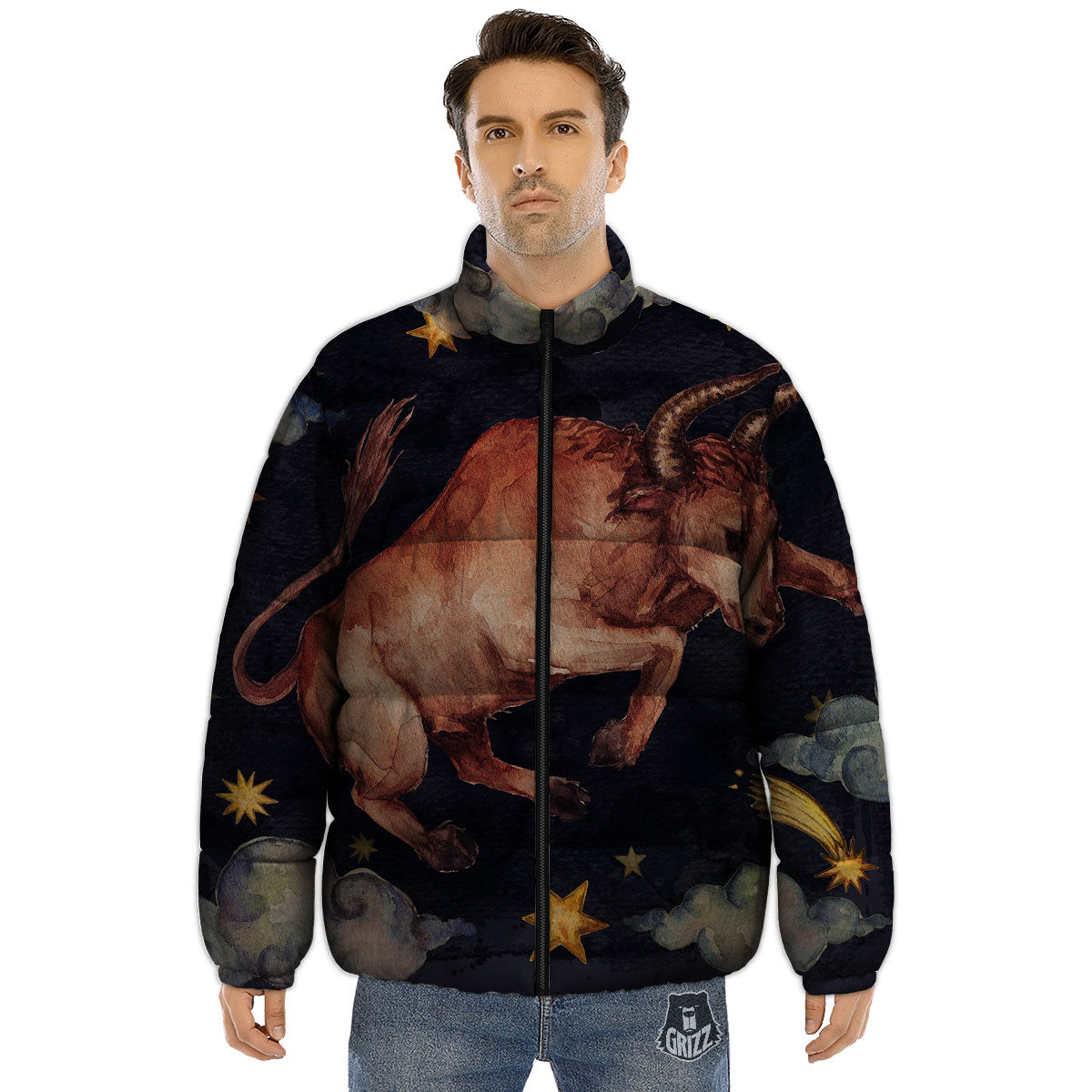 Zodiac Sign Watercolor Taurus Print Puffer Jacket-grizzshop