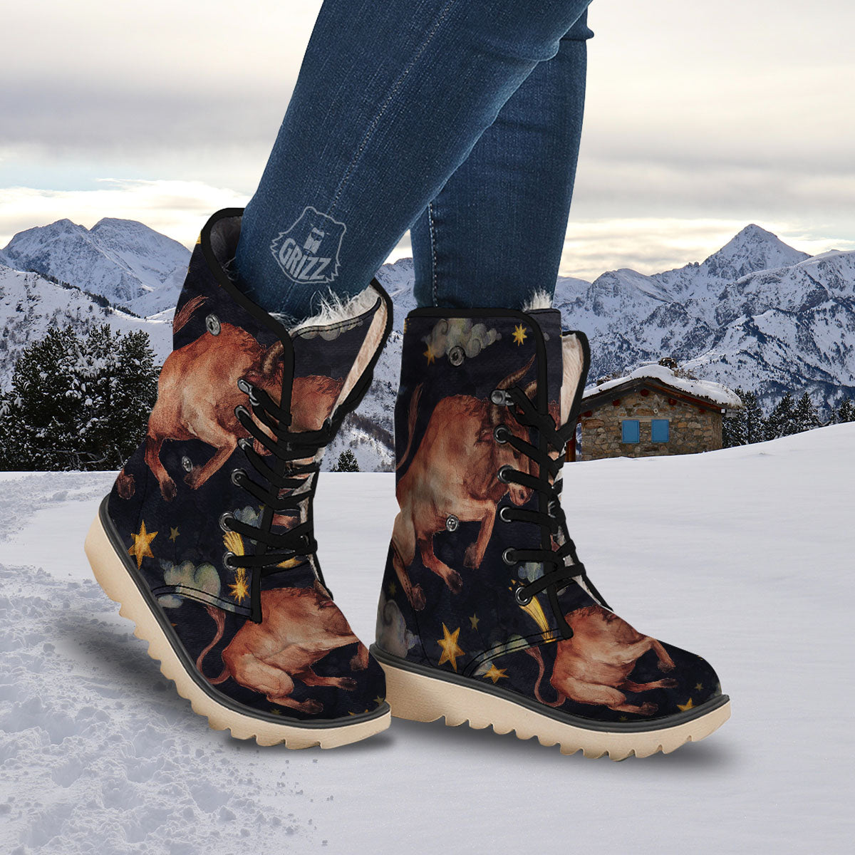 Zodiac Sign Watercolor Taurus Print Snow Boots-grizzshop