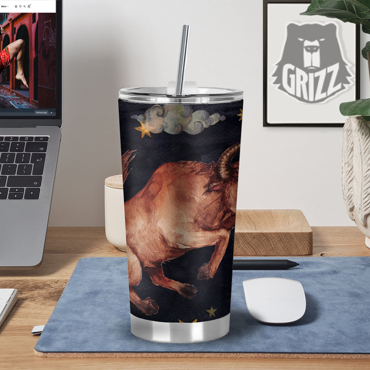 Zodiac Sign Watercolor Taurus Print Tumbler-grizzshop