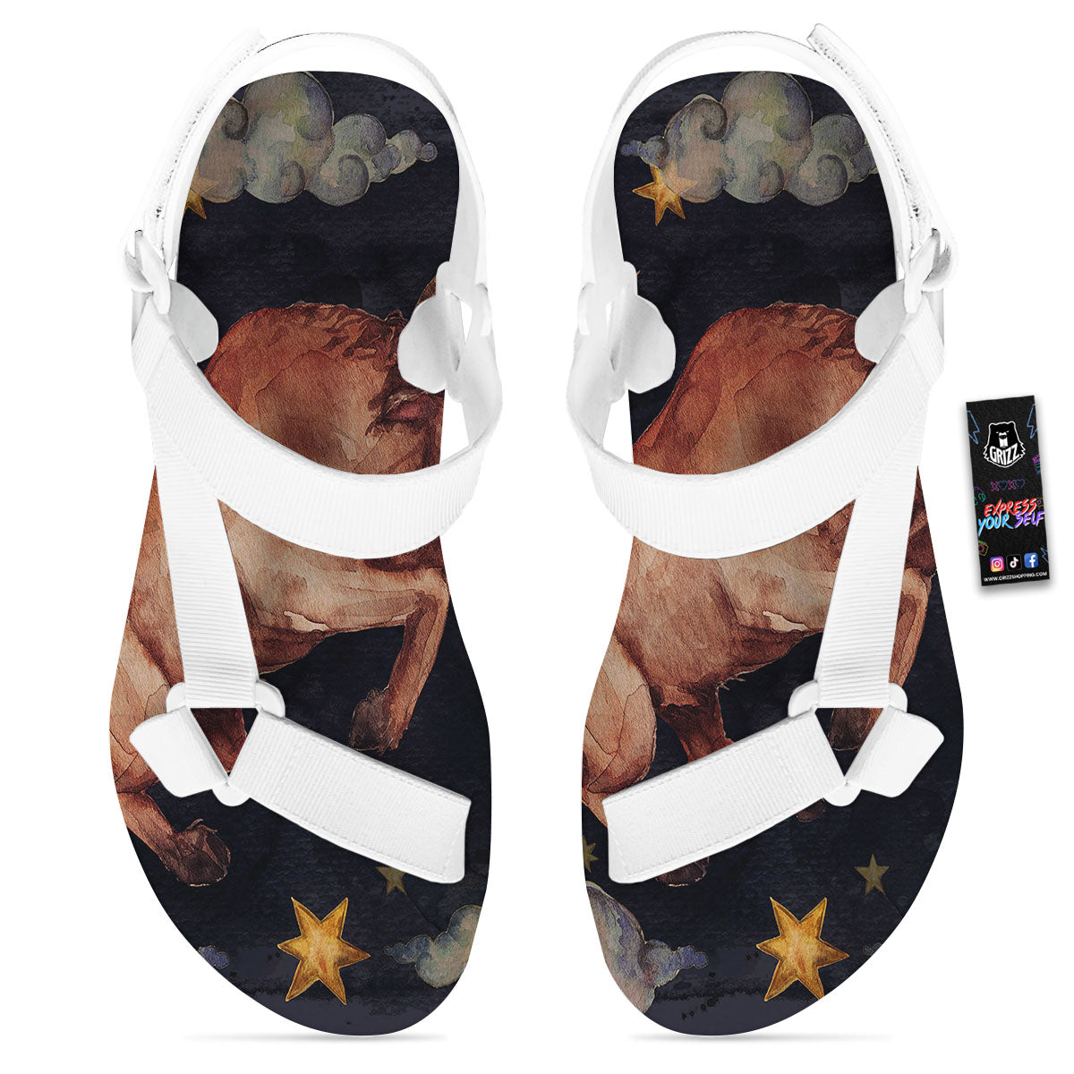 Zodiac Sign Watercolor Taurus Print White Open Toe Sandals-grizzshop