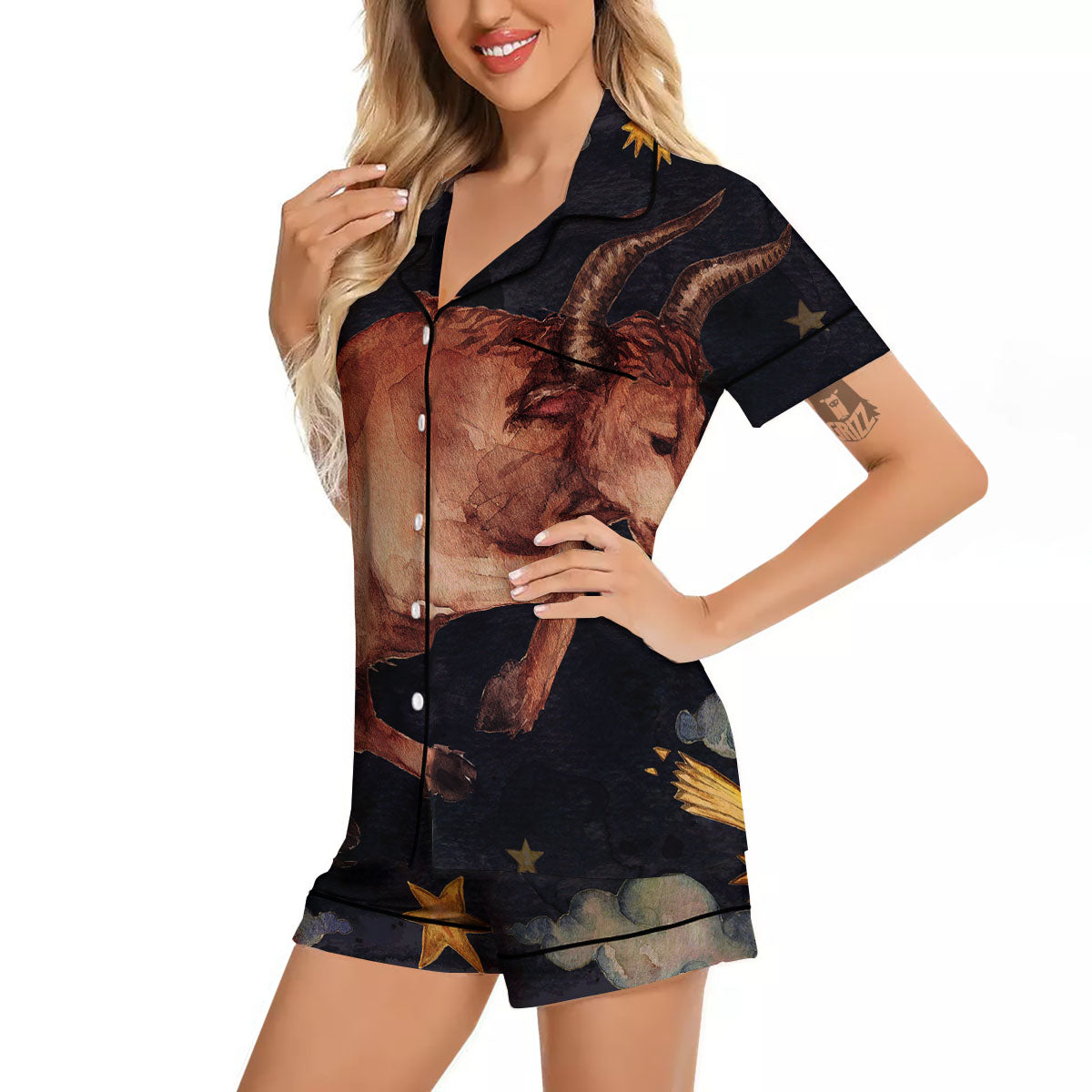 Zodiac Sign Watercolor Taurus Print Women Silk Pajamas-grizzshop