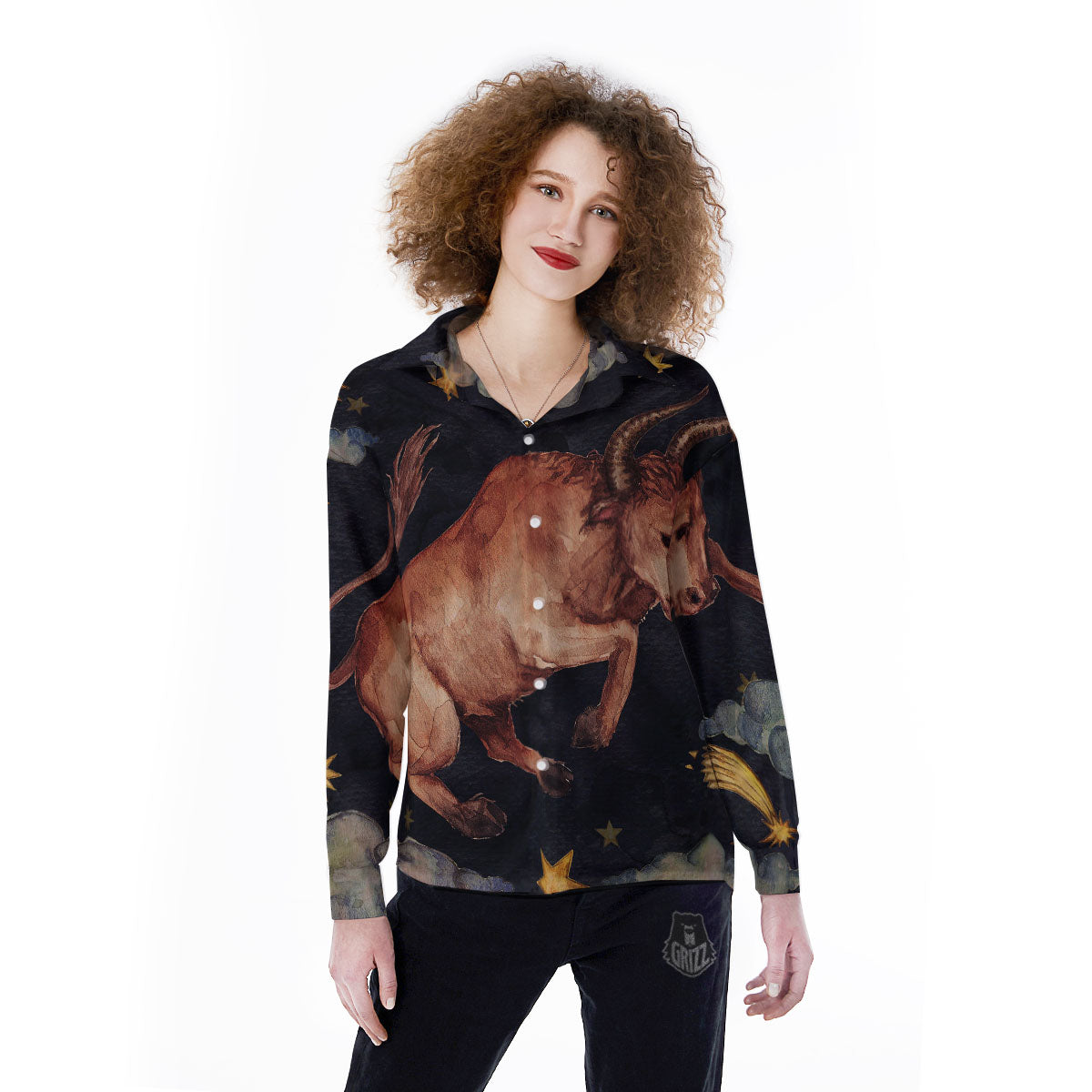 Zodiac Sign Watercolor Taurus Print Women's Long Sleeve Shirts-grizzshop