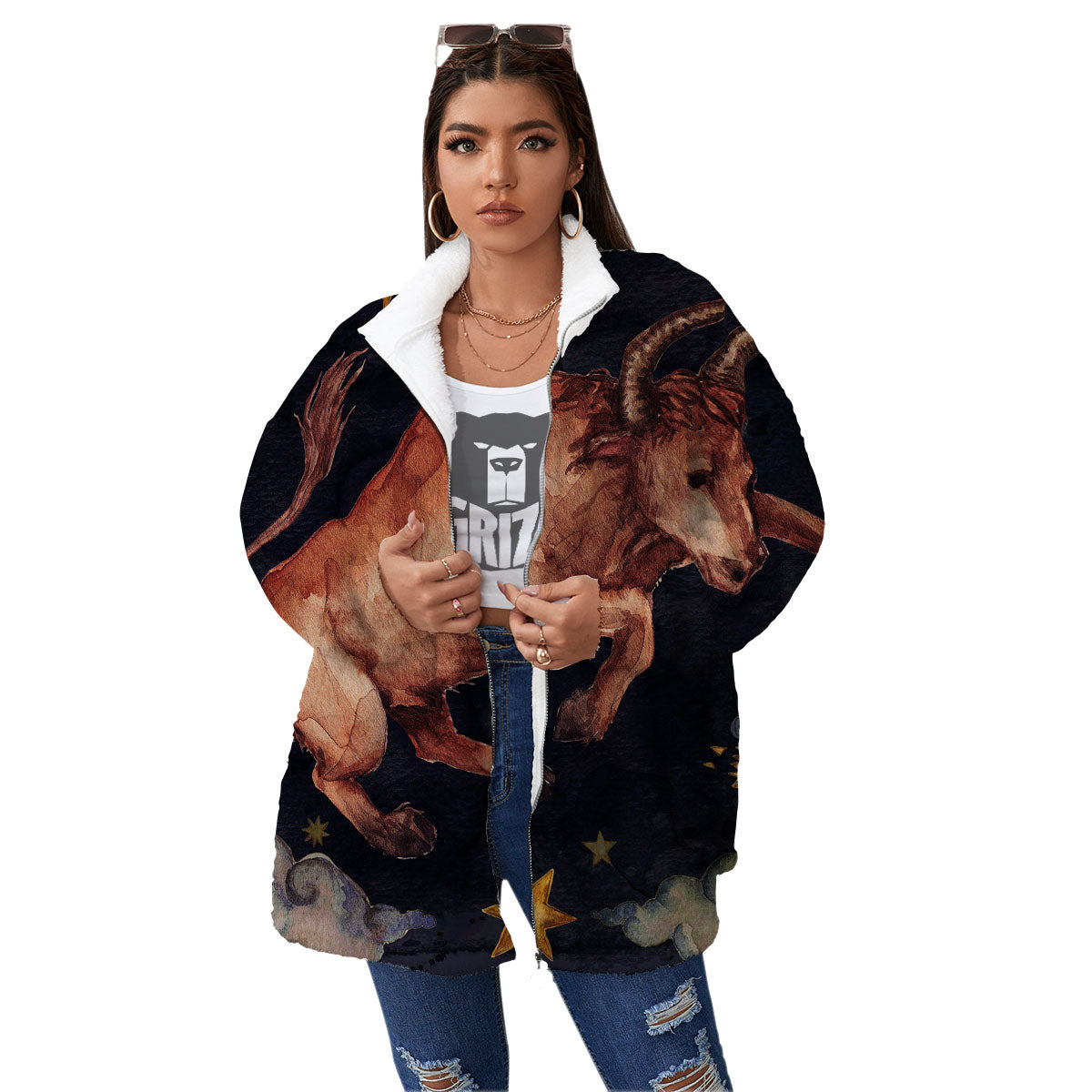 Zodiac Sign Watercolor Taurus Print Women's Sherpa Jacket-grizzshop