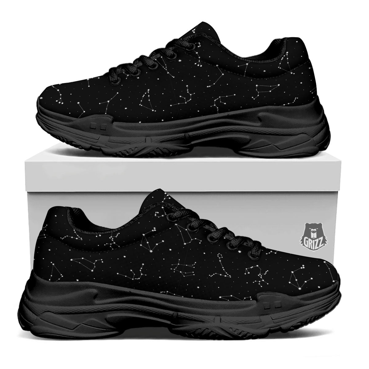 Zodiac Stars White And Black Print Black Chunky Shoes-grizzshop