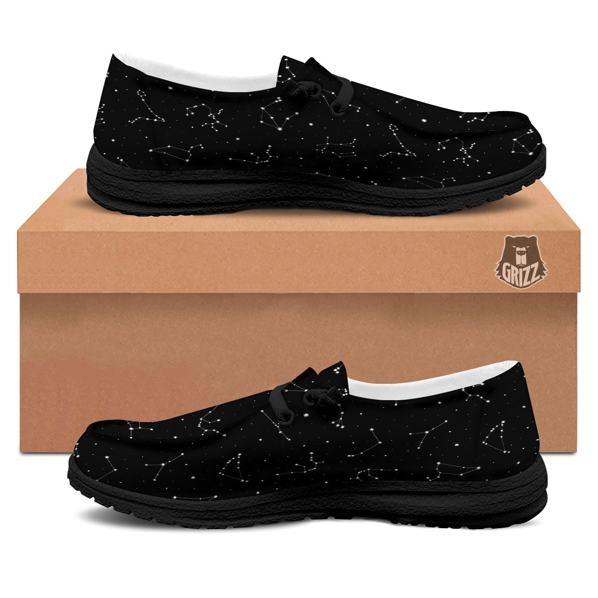 Zodiac Stars White And Black Print Black Loafers-grizzshop