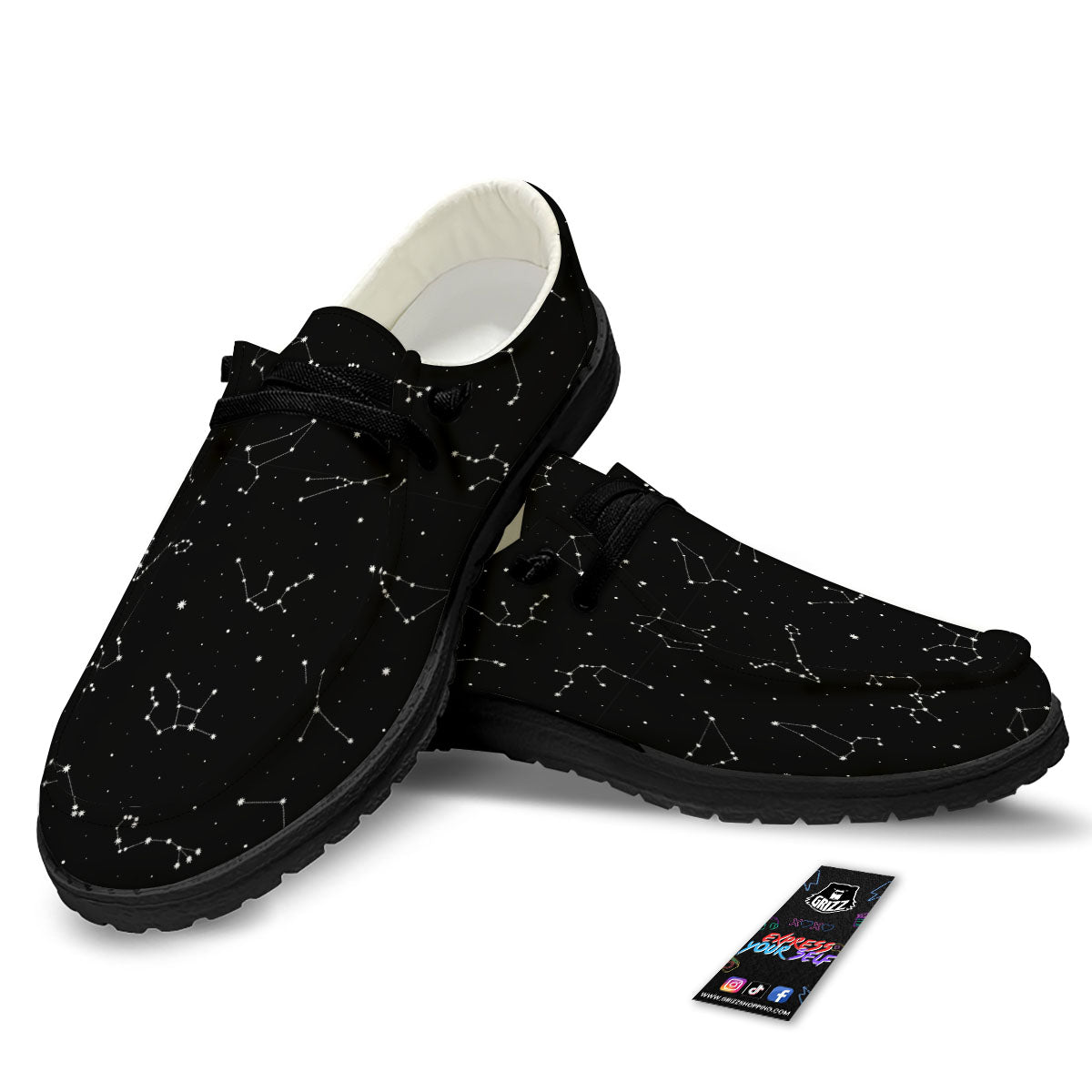 Zodiac Stars White And Black Print Black Loafers-grizzshop