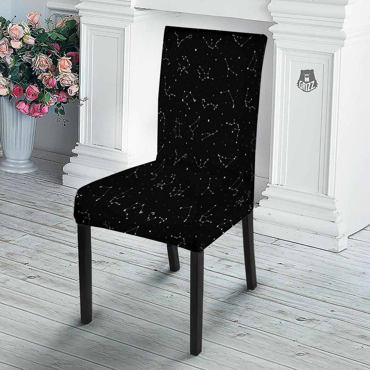 Zodiac Stars White And Black Print Dining Chair Slipcover-grizzshop