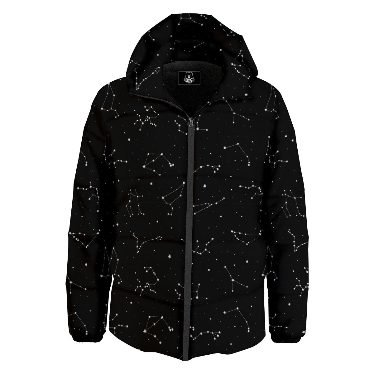 Zodiac Stars White And Black Print Down Jacket-grizzshop