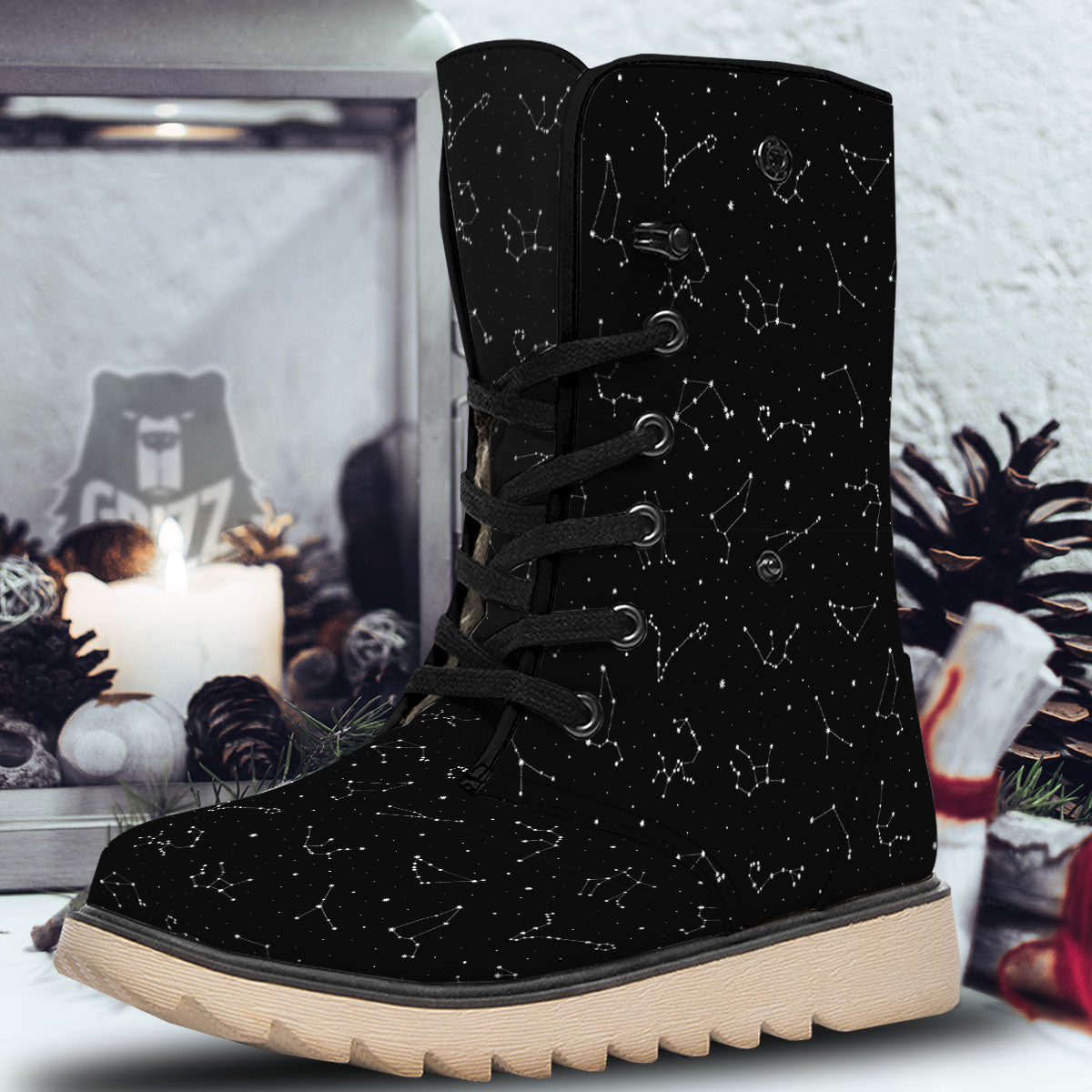 Zodiac Stars White And Black Print Snow Boots-grizzshop