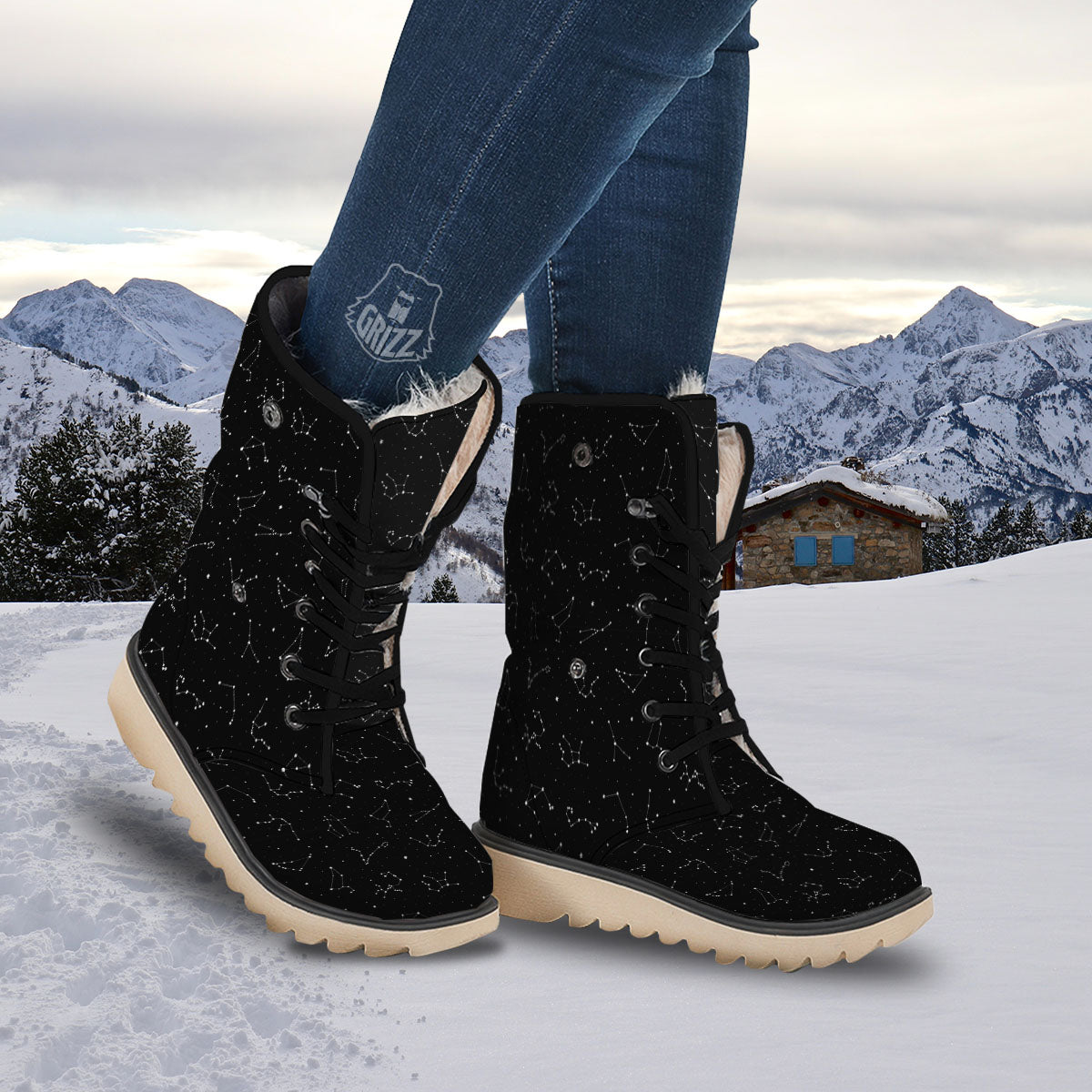 Zodiac Stars White And Black Print Snow Boots-grizzshop
