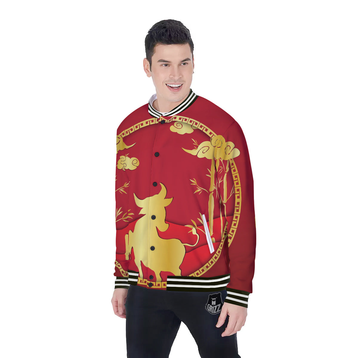 Zodiac Symbol Chinese Ox Print Baseball Jacket-grizzshop