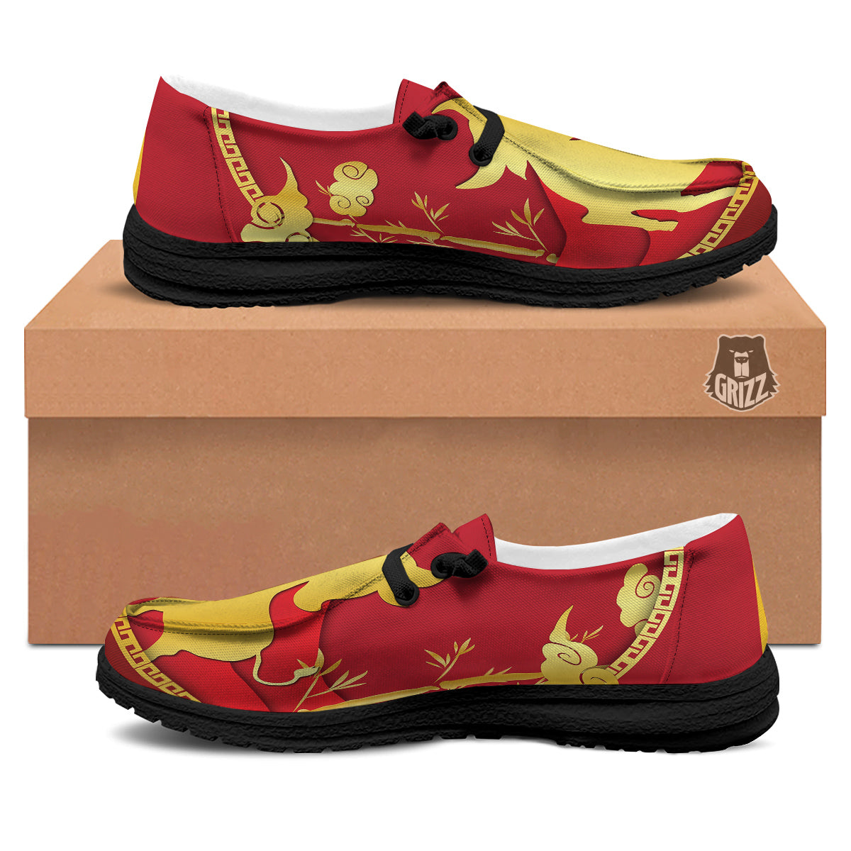 Zodiac Symbol Chinese Ox Print Black Loafers-grizzshop