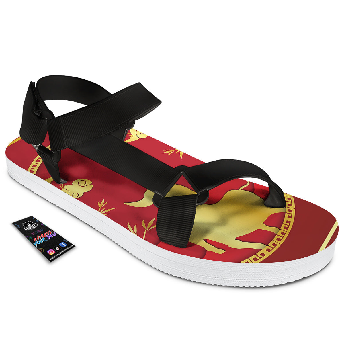 Zodiac Symbol Chinese Ox Print Black Open Toe Sandals-grizzshop