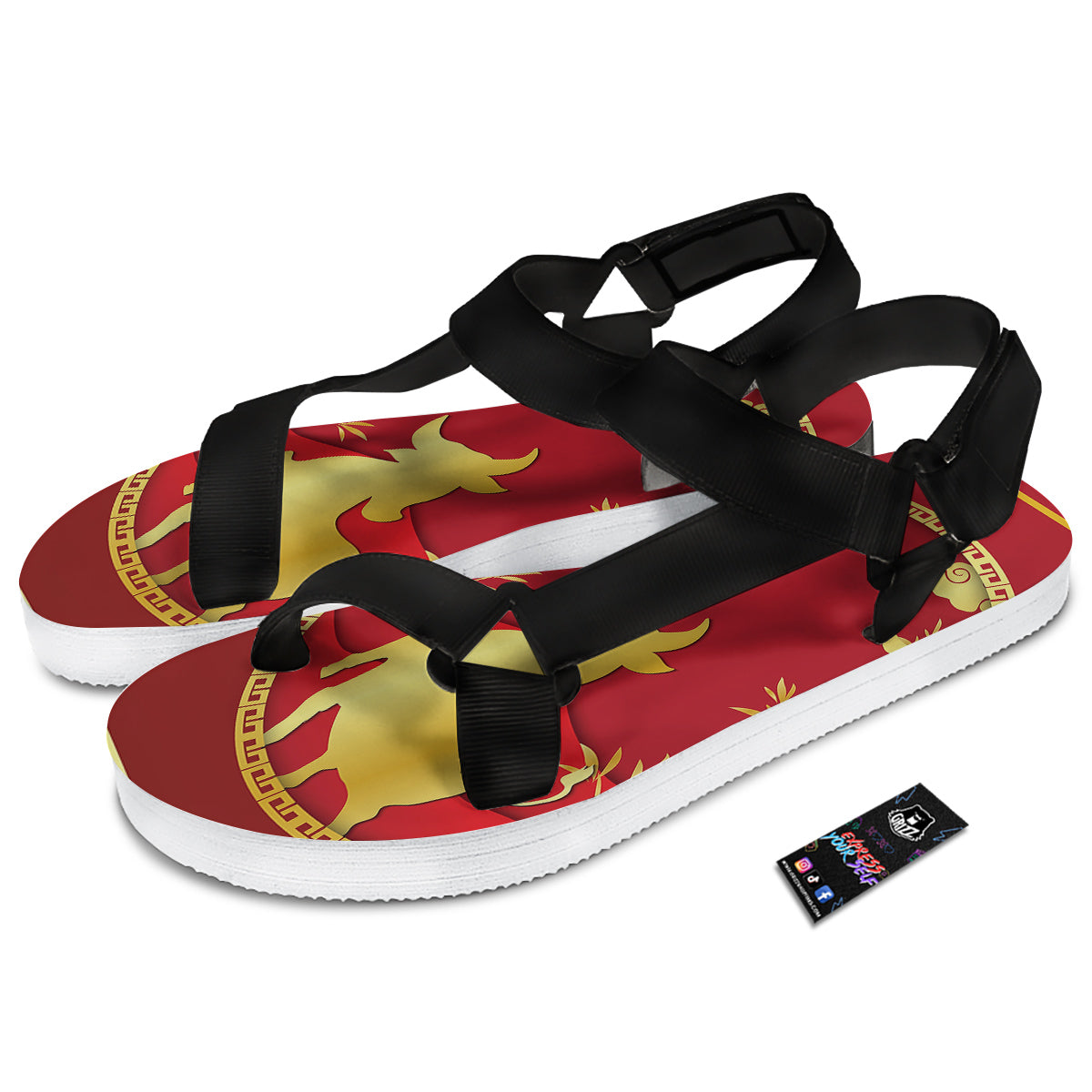 Zodiac Symbol Chinese Ox Print Black Open Toe Sandals-grizzshop