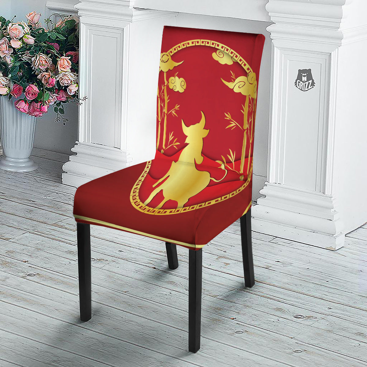 Zodiac Symbol Chinese Ox Print Dining Chair Slipcover-grizzshop