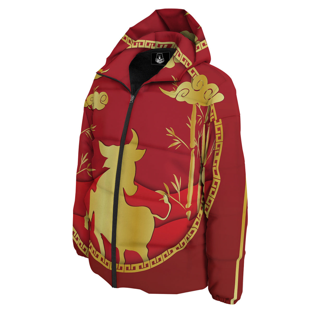 Zodiac Symbol Chinese Ox Print Down Jacket-grizzshop