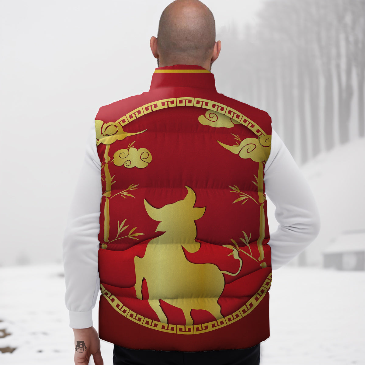 Zodiac Symbol Chinese Ox Print Down Vest