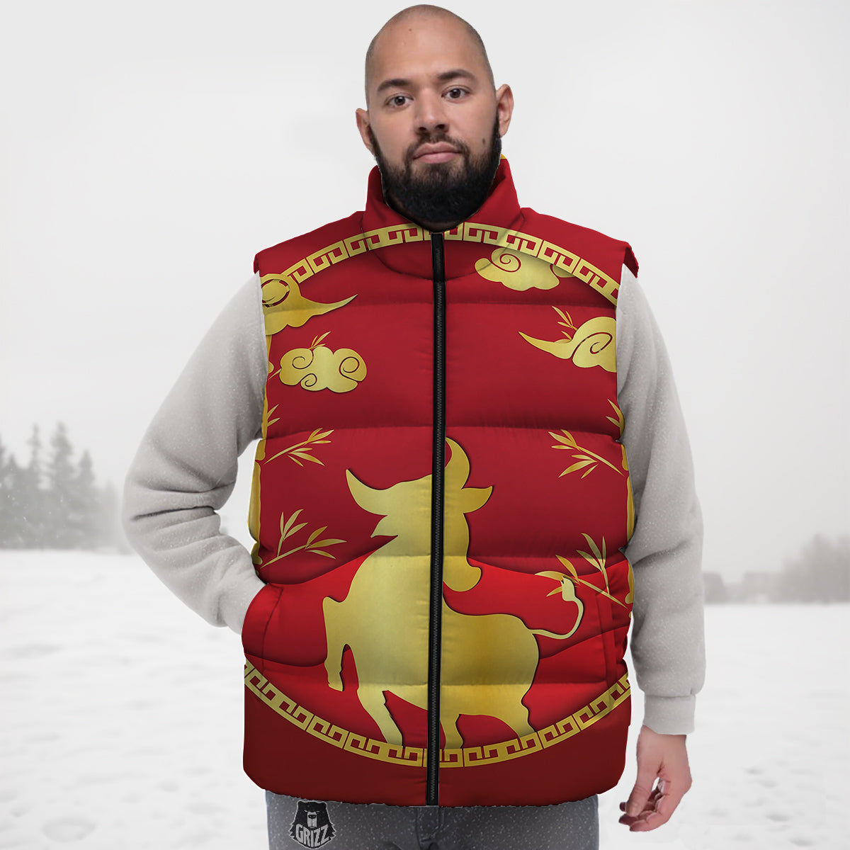 Zodiac Symbol Chinese Ox Print Down Vest