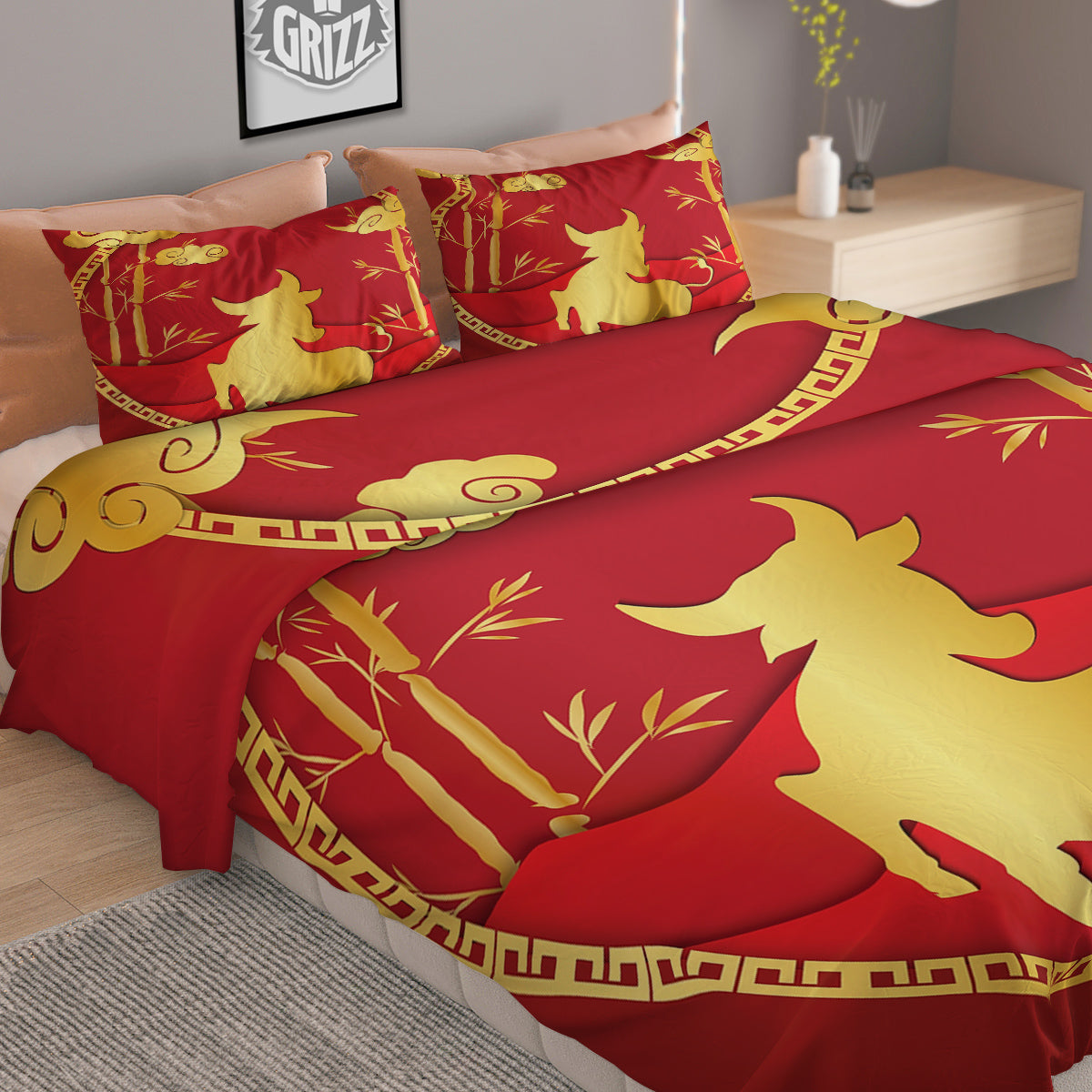 Zodiac Symbol Chinese Ox Print Duvet Cover Bedding Set