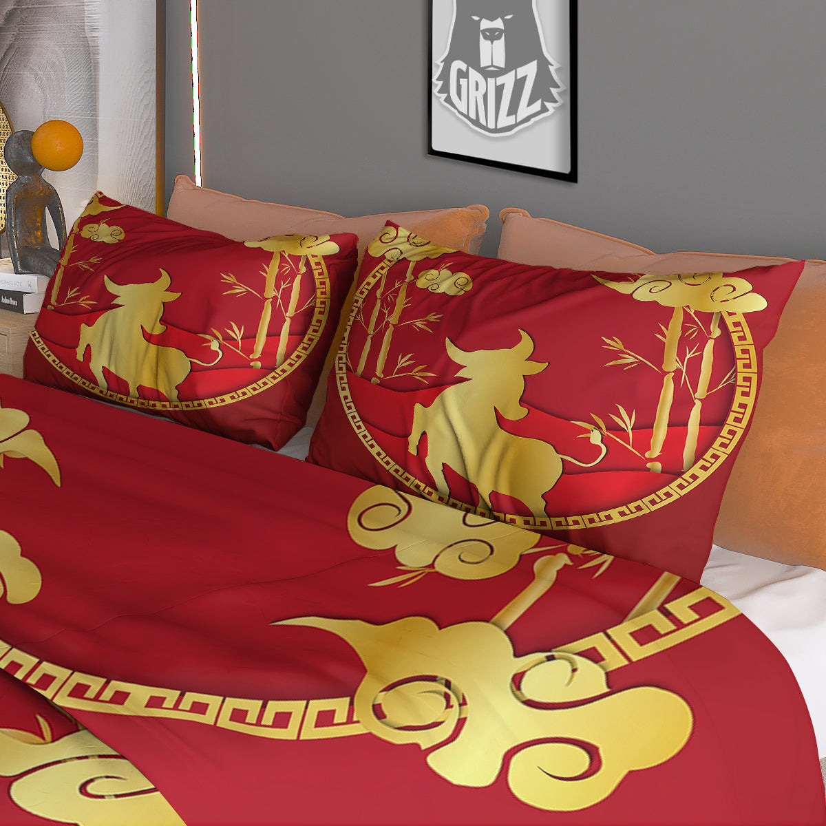 Zodiac Symbol Chinese Ox Print Duvet Cover Bedding Set