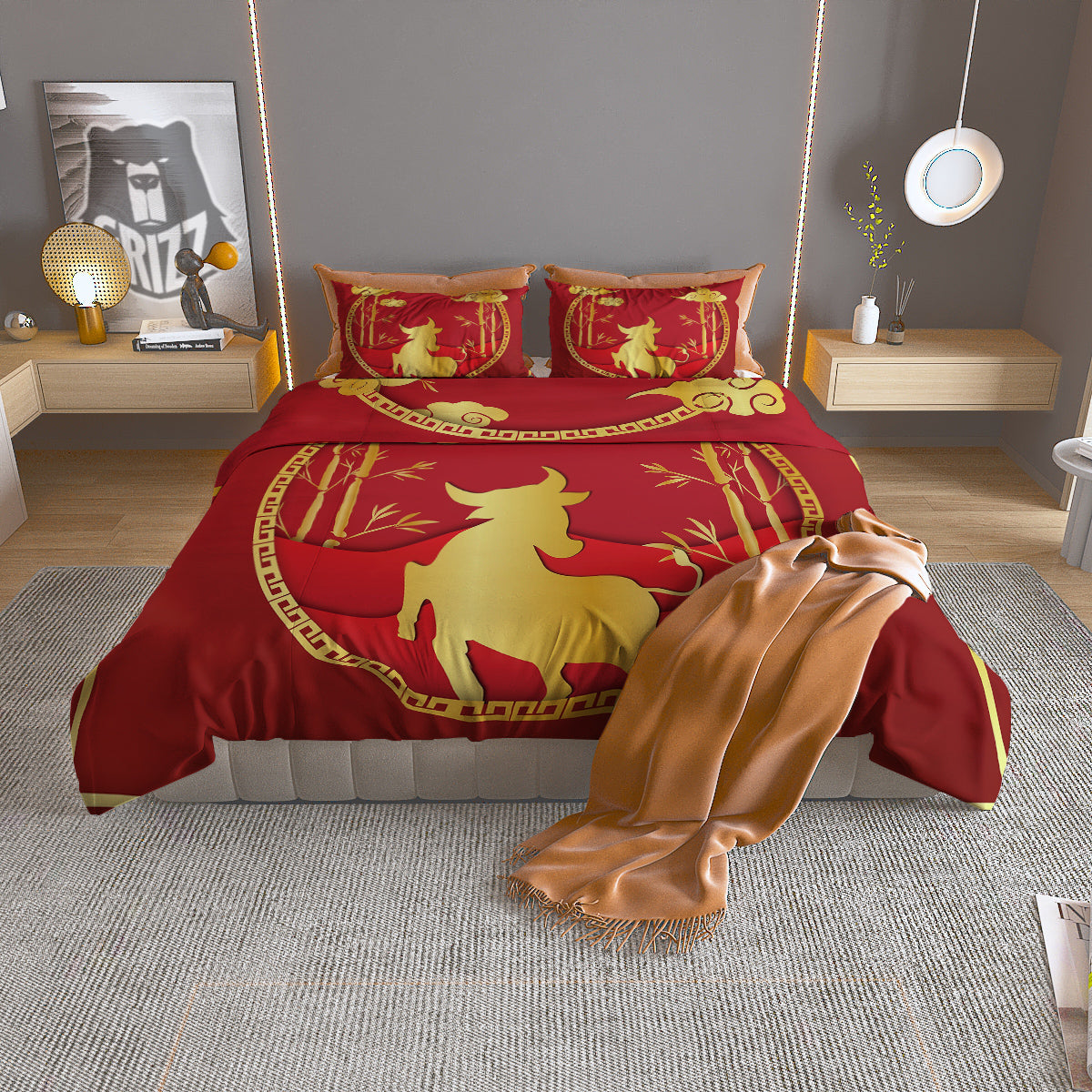 Zodiac Symbol Chinese Ox Print Duvet Cover Bedding Set