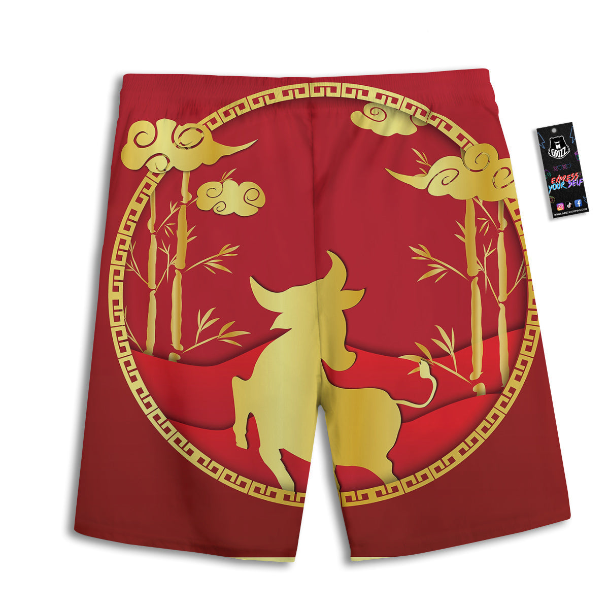 Zodiac Symbol Chinese Ox Print Men's Athletic Shorts