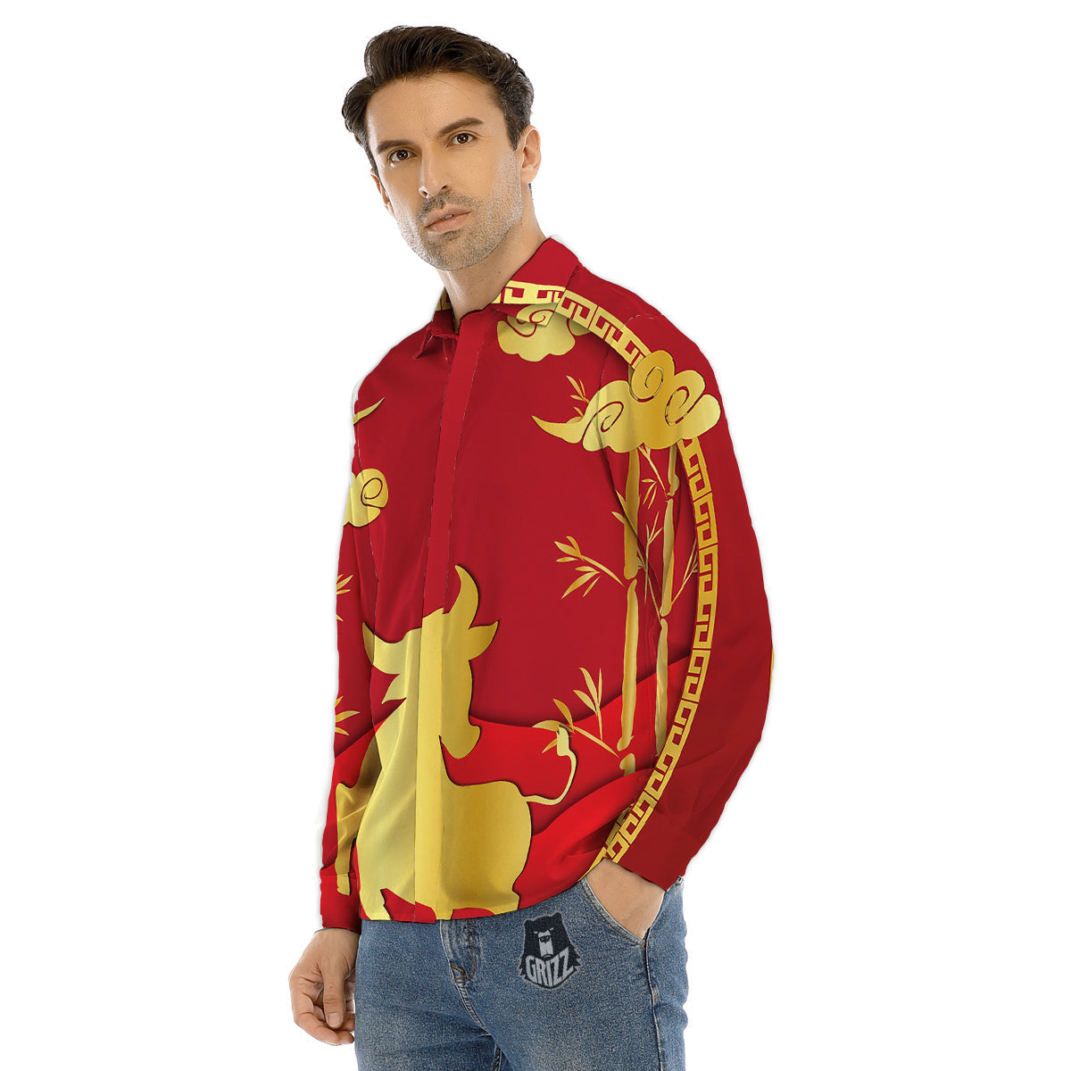Zodiac Symbol Chinese Ox Print Men's Dress Shirts-grizzshop